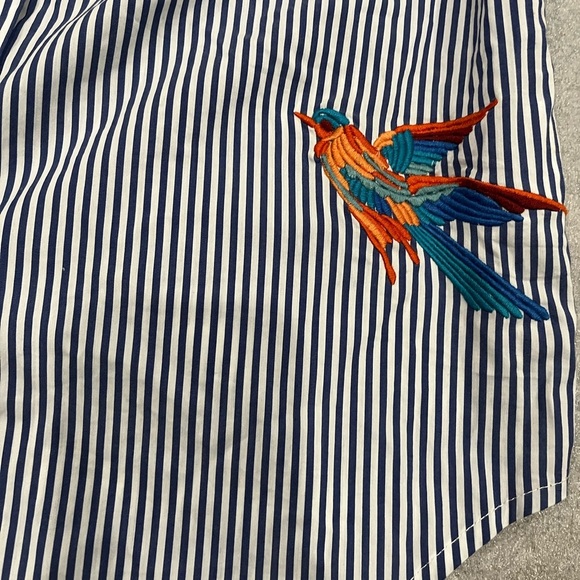 [XS/PTP:18”]Highline Collective Embroidered Floral Bird Blue Striped Shirt Dress - Picture 2 of 12